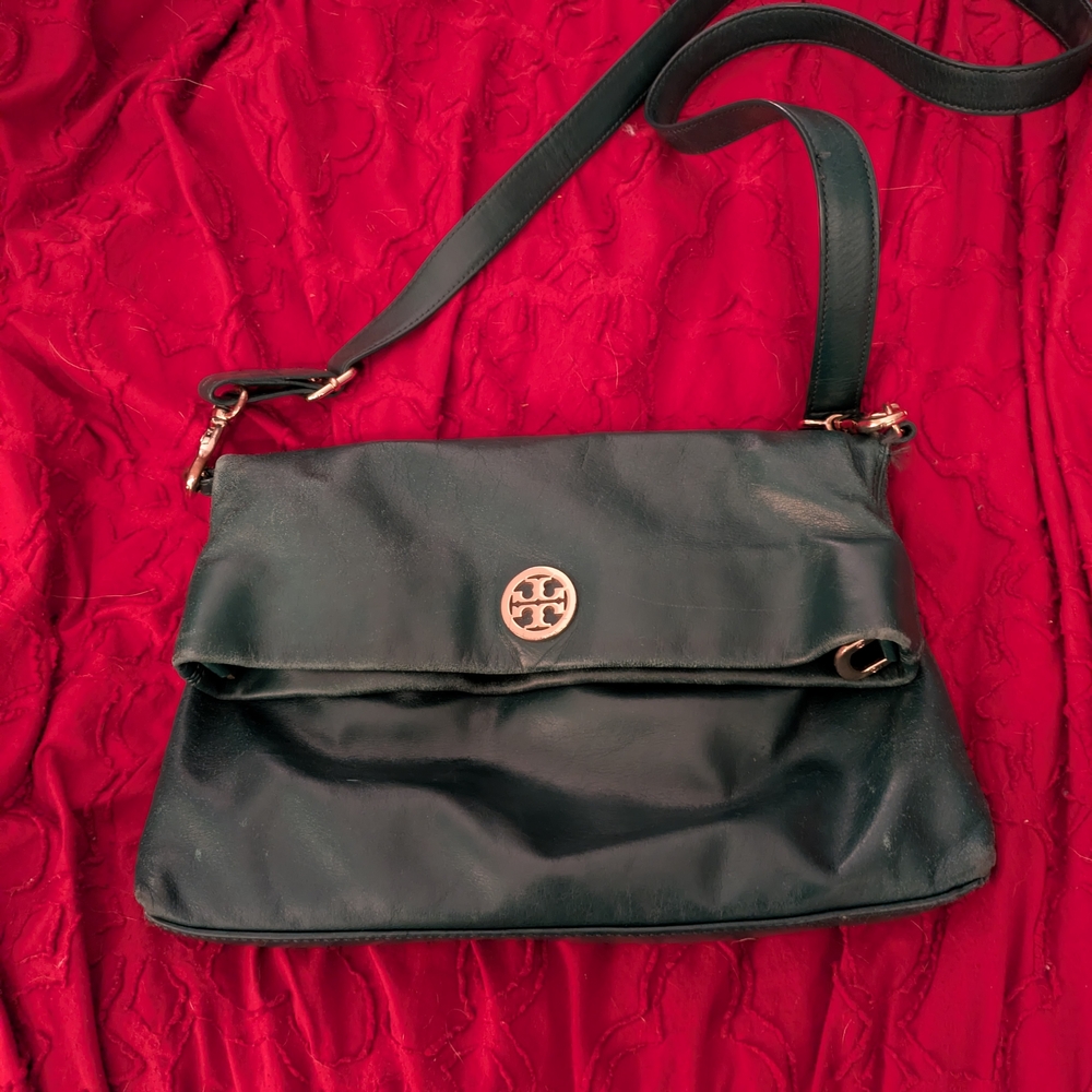 Tory Burch Foldover Leather Hunter Green Crossbody Bag